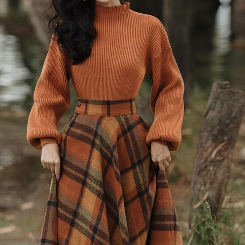 ハイネックニット×クラシカルチェックスカート(2colors)