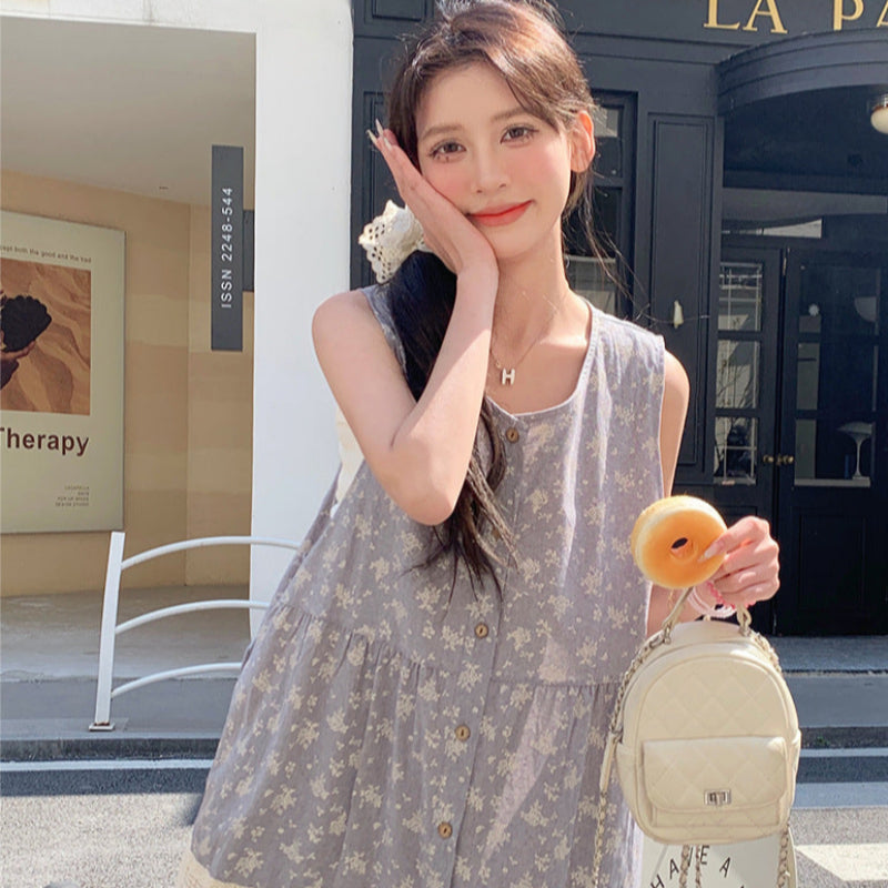 小花柄ノースリーブグレーワンピース