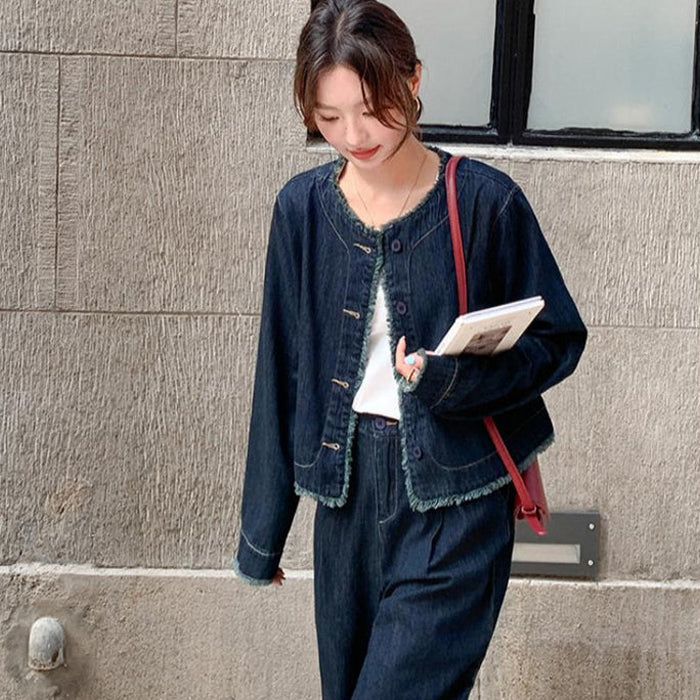 デニムノーカラージャケット-ワイドパンツセットアップ（青）秋/冬