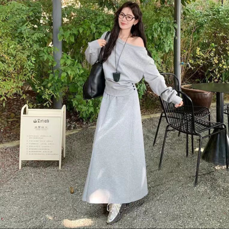 スウェットワンショルダートップス×ロングスカートセット