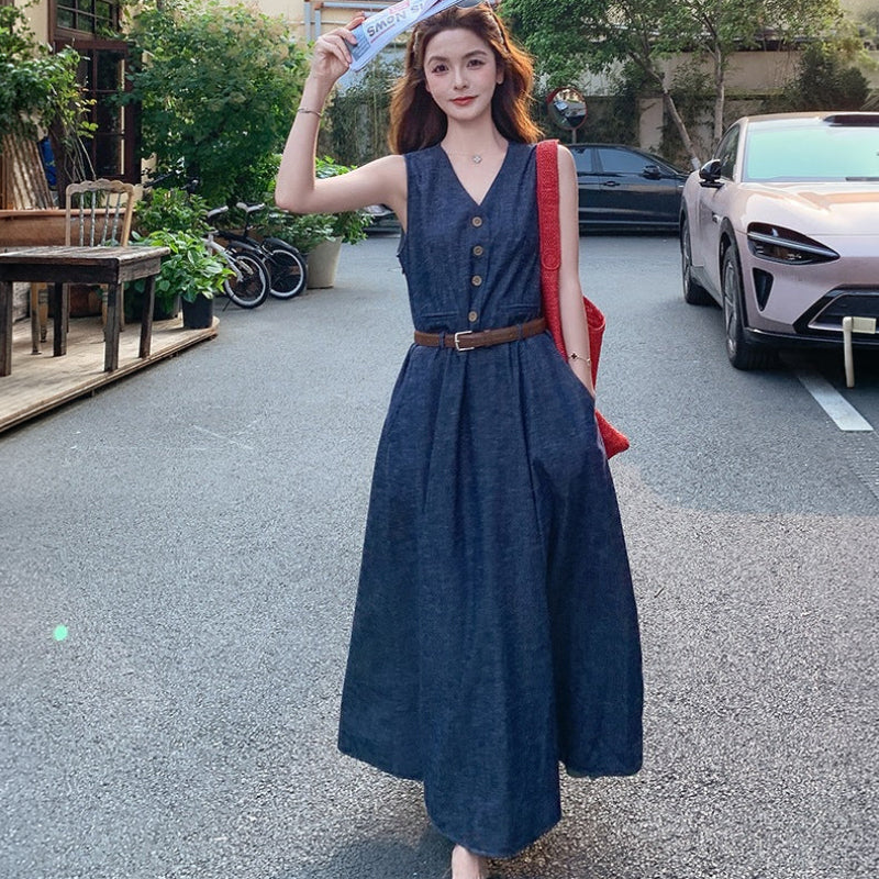 ノーカラーデニムワンピース
