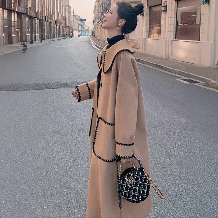 スカラップ刺繍ビッグカラーロングコート