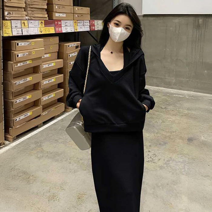 スウェットフーディー×ホルターネックワンピース(4colors)