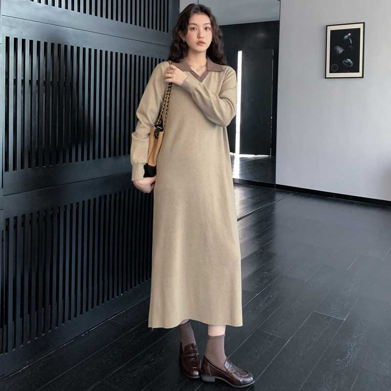 襟付きVネックロングニットワンピース（ベージュ）秋/冬 クラシックで