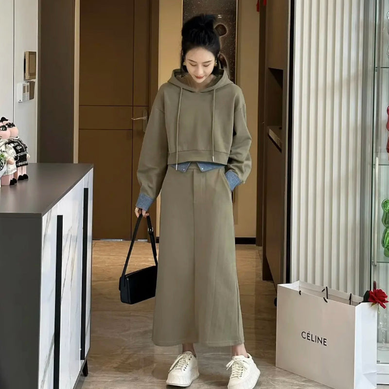 ショート丈パーカー×ロングスカートスウェットセット(2colors)