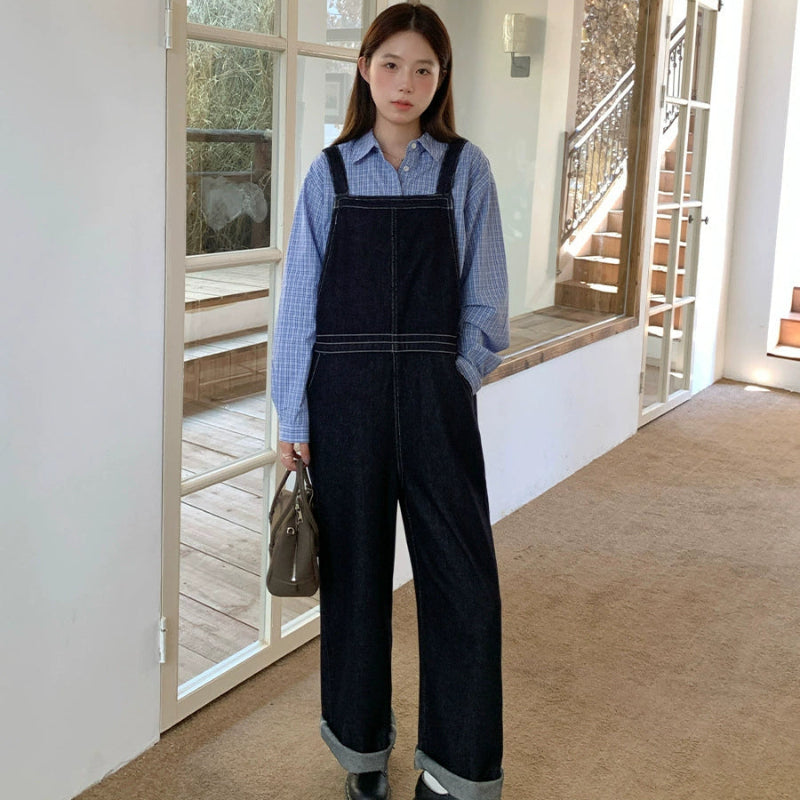 ステッチデザインデニムサロペットパンツ