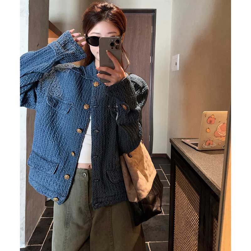 デニム風ノーカラージャケット