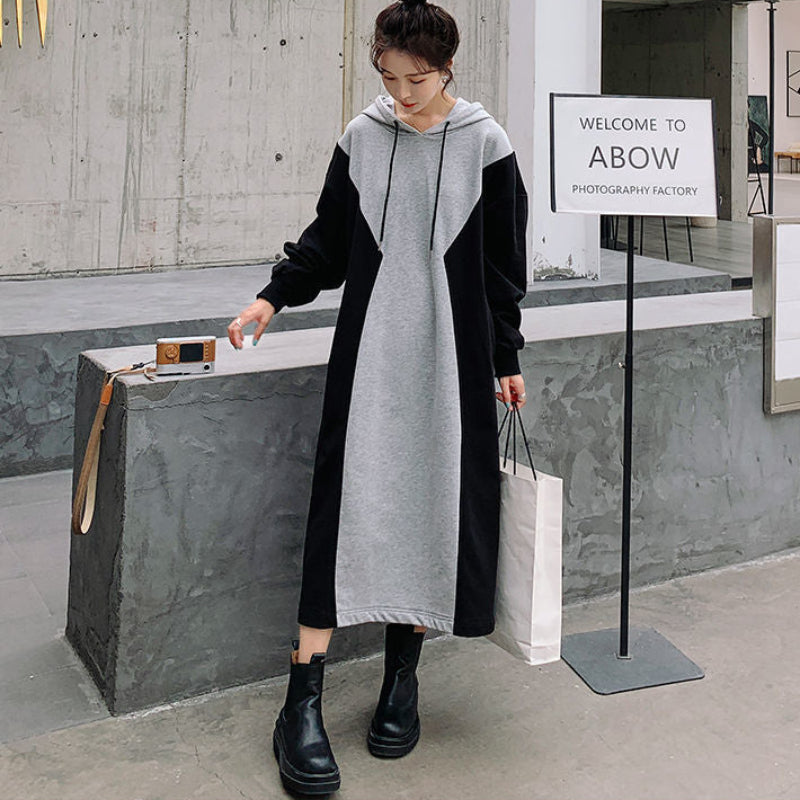 バイカラーパーカーワンピース (灰・黒) 秋/冬/春 L～3XL 着やせ効果