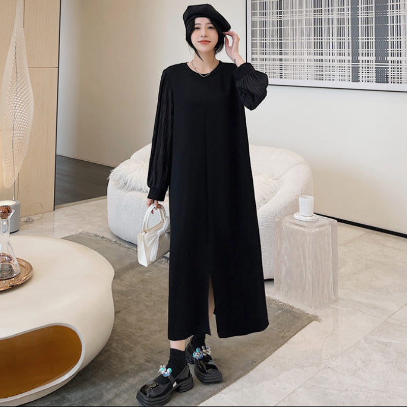 シフォンロングスリーブブラックワンピース