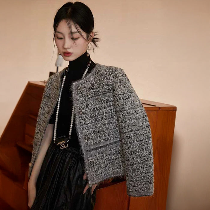 ノーカラーツイードジャケット