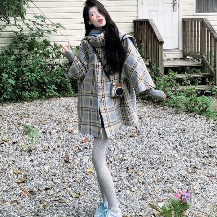 マフラー付きノルディックチェックコート