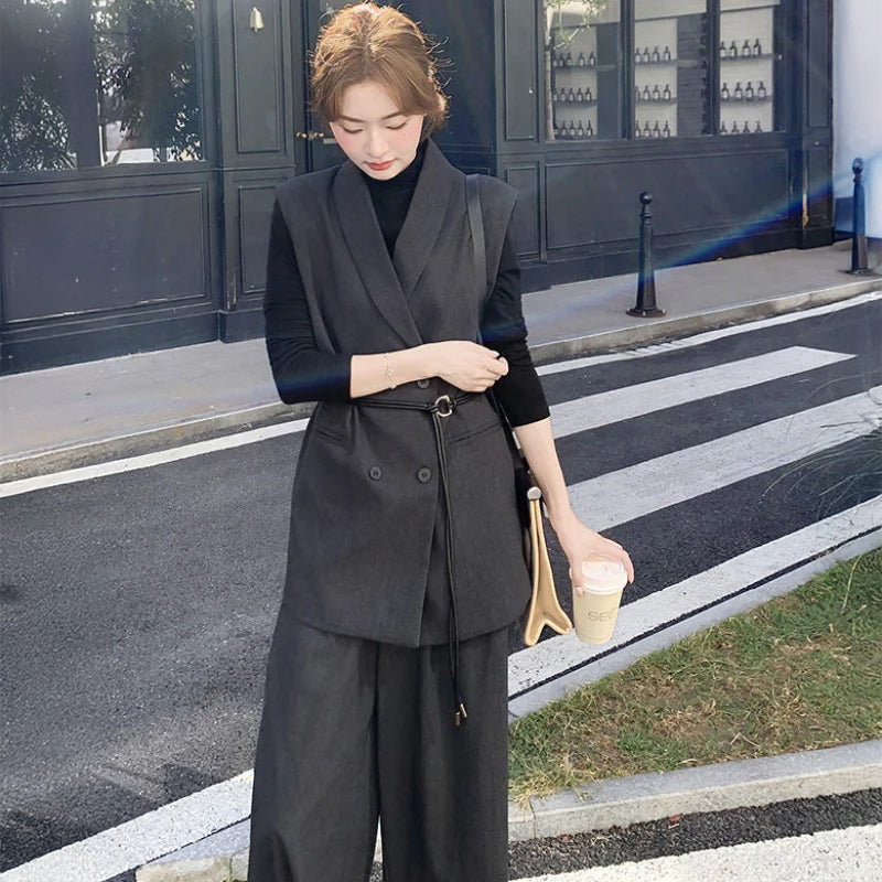 スリーブレスジャケット×トップス×ワイドパンツ3点セット (濃灰・黒