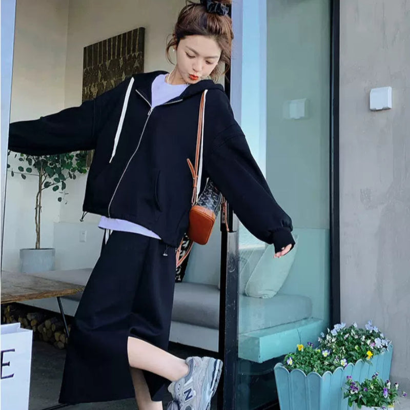 オーバーサイズパーカー×スリットスカートセット(Black)