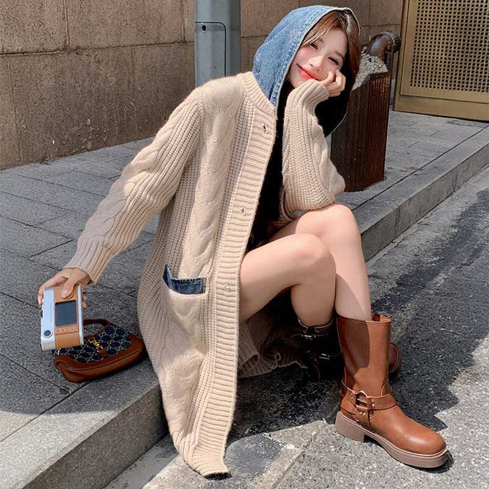 フード付きケーブルロングカーディガン