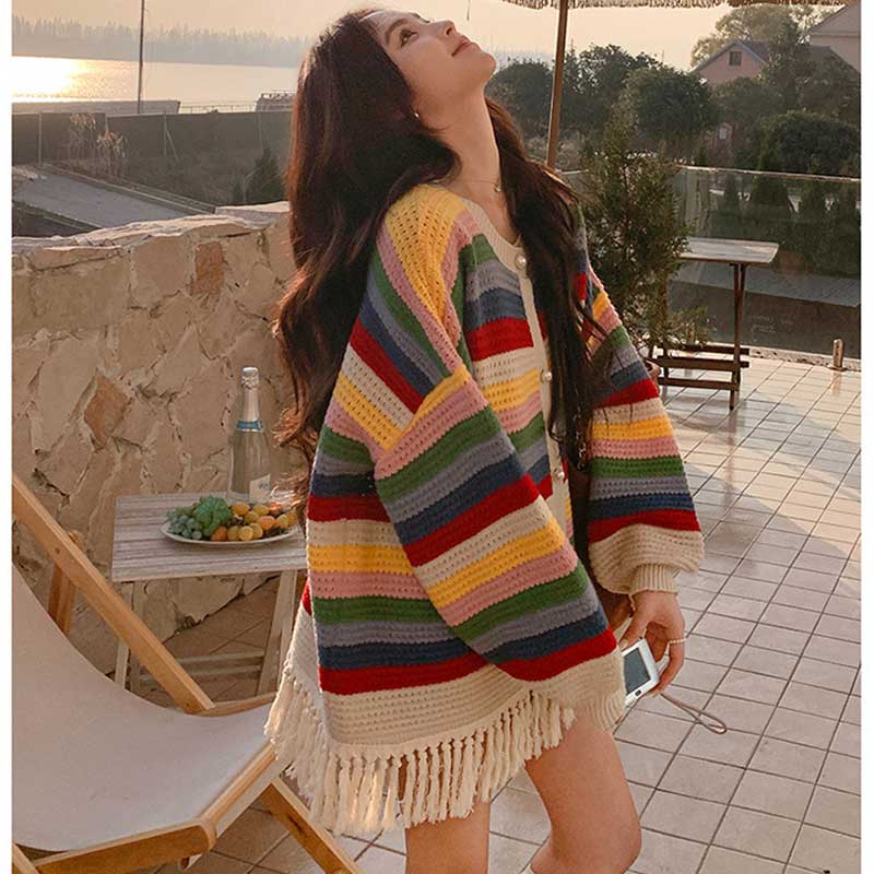 マルチボーダーフリンジカーディガン