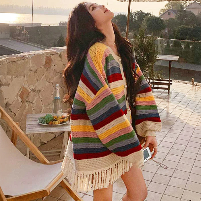 マルチボーダーフリンジカーディガン