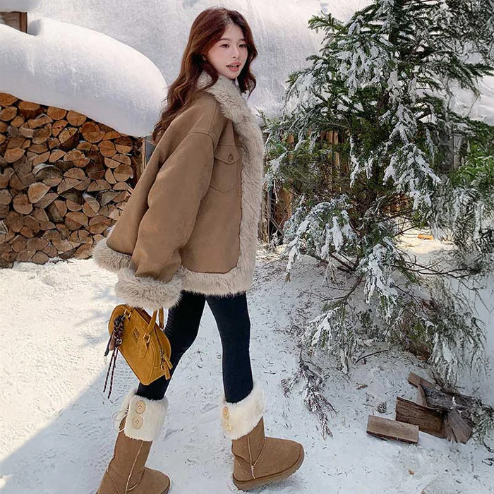 ラグジュアリーフェイクファージャケット（茶）秋/冬 ボリュームファー