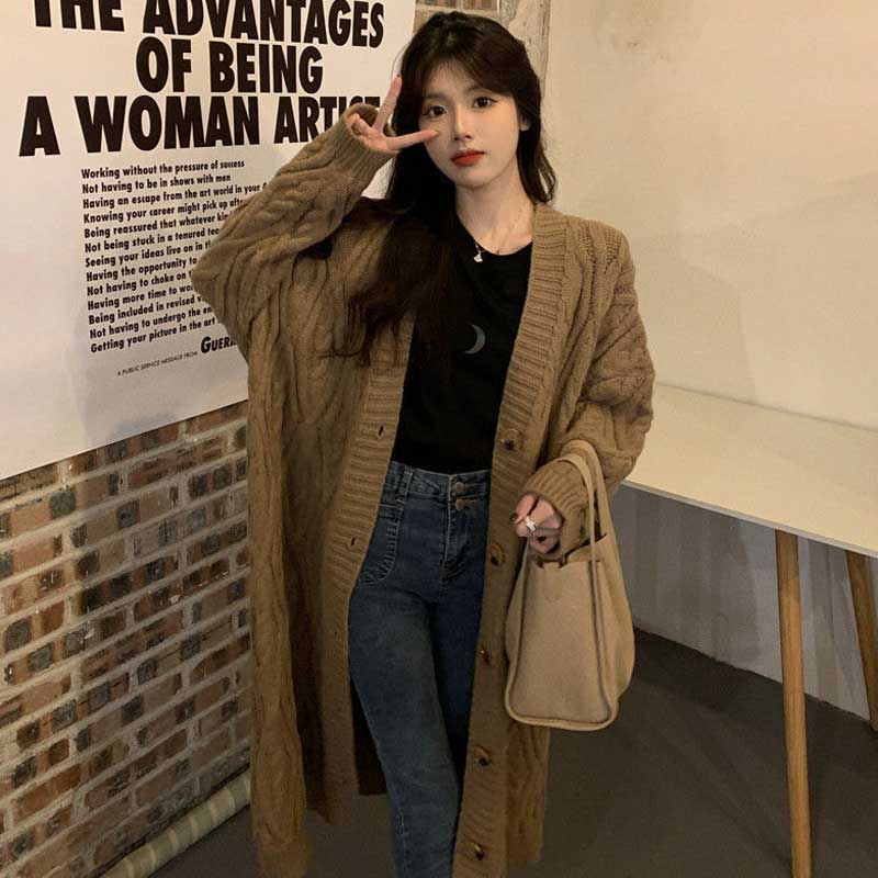 ケーブル編みロングニットカーディガン(4colors)