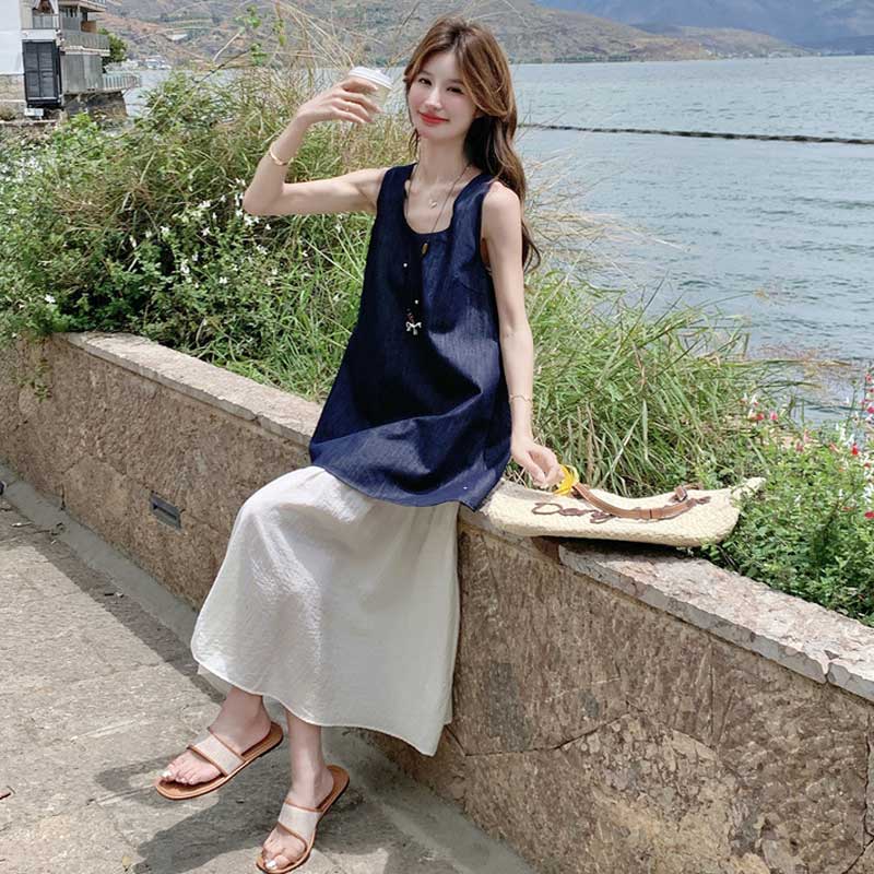 ドッキングノースリーブワンピース（紺・白）春/夏 レイヤード風デザイン