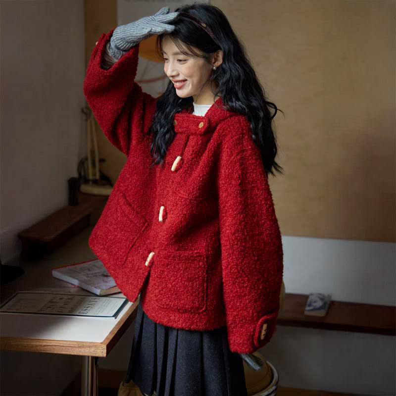 レッドボアショートダッフルコート（赤）秋/冬 温もり溢れる質感