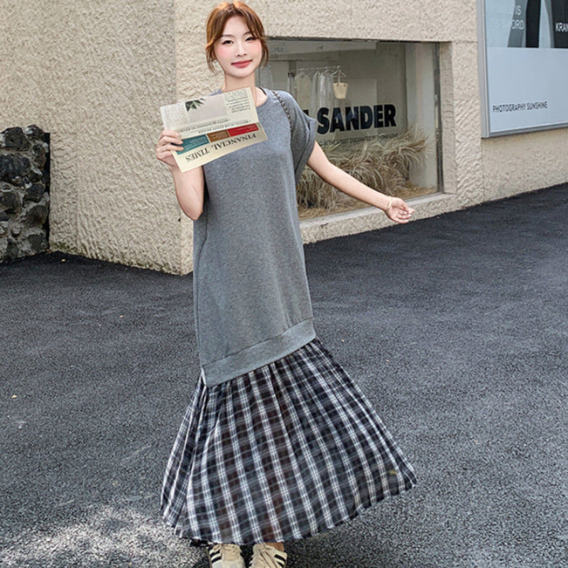 グレーカットソードッキングチェックスカートワンピース