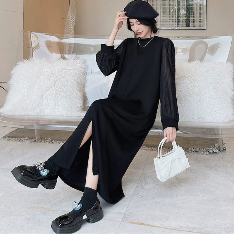 シフォンロングスリーブブラックワンピース