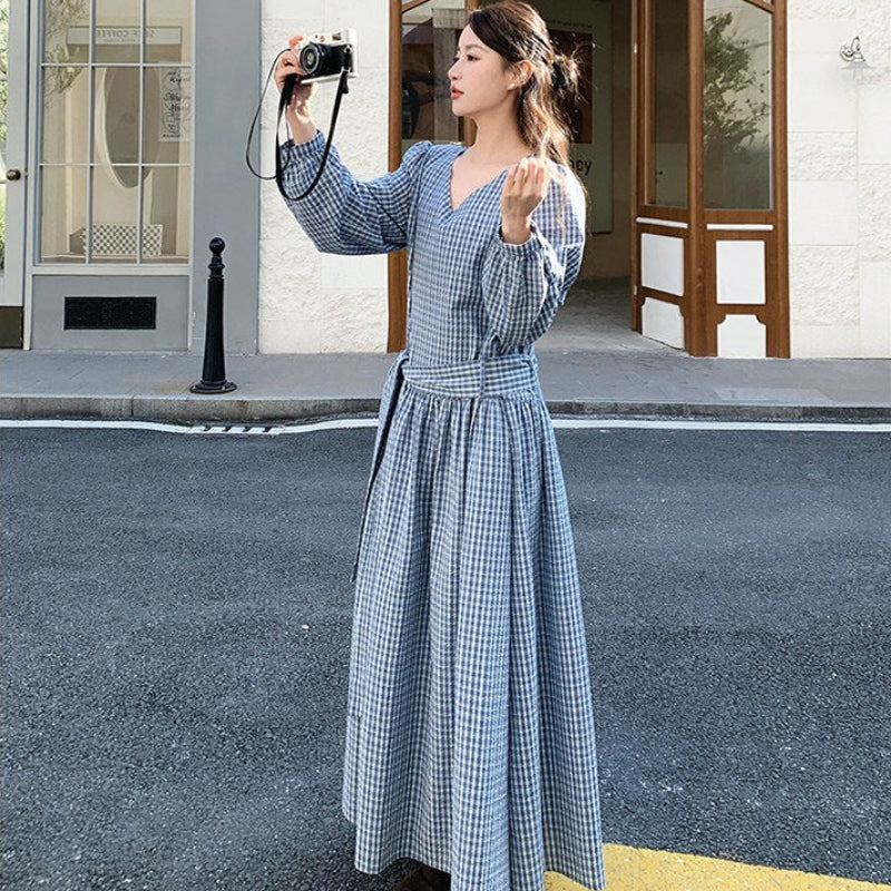 ブルーチェックウエストリボンワンピース