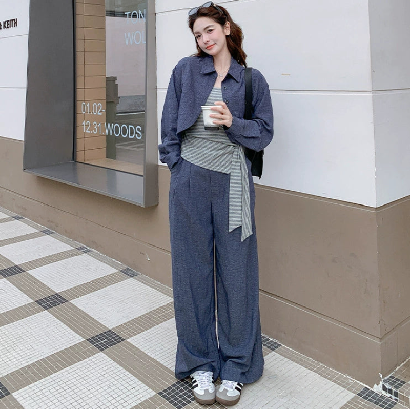 ボーダーキャミソール×デニムジャケット×パンツセット