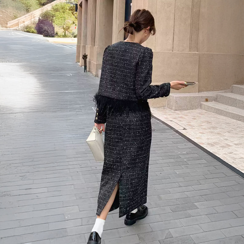 ブラックツイードジャケット×スカートセット(黒) /春/秋/冬 セレモニー