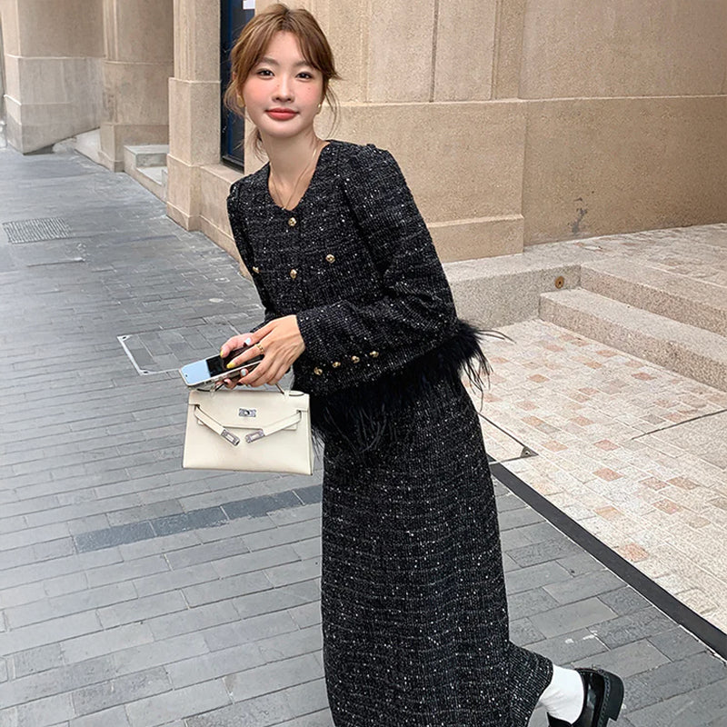 ブラックツイードジャケット×スカートセット(黒) /春/秋/冬 セレモニー