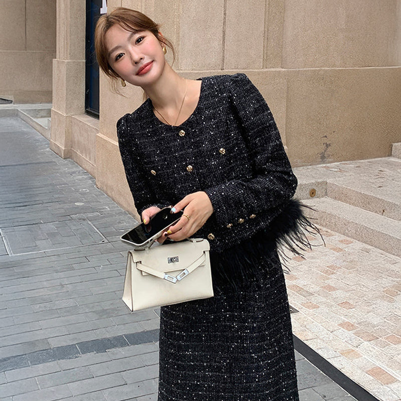 ブラックツイードジャケット×スカートセット(黒) /春/秋/冬 セレモニー