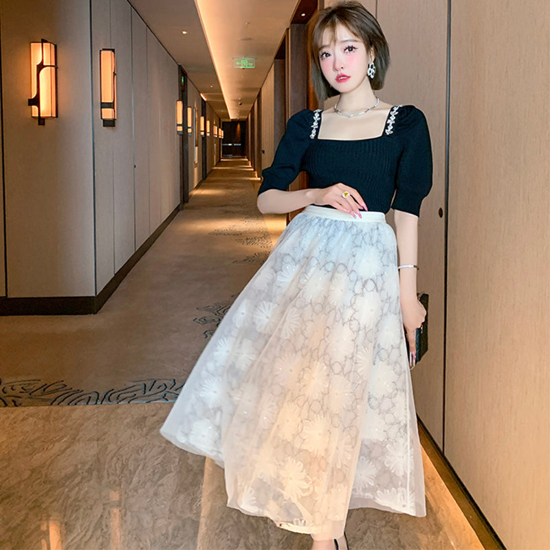 ビジューパワーショルダーニット×花柄チュールスカート【上下別売り可】