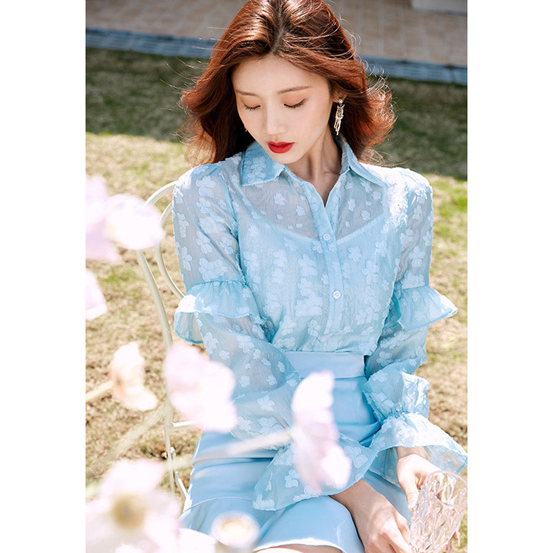 袖コンシャス花柄シアーシャツ×裾フリルミニスカート【上下別売り可】