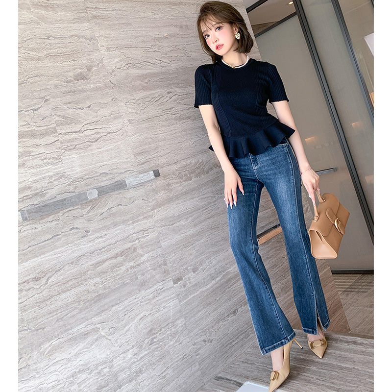 ペプラムニットトップス×チェーン付きストレートデニムパンツ【上下別売り可】