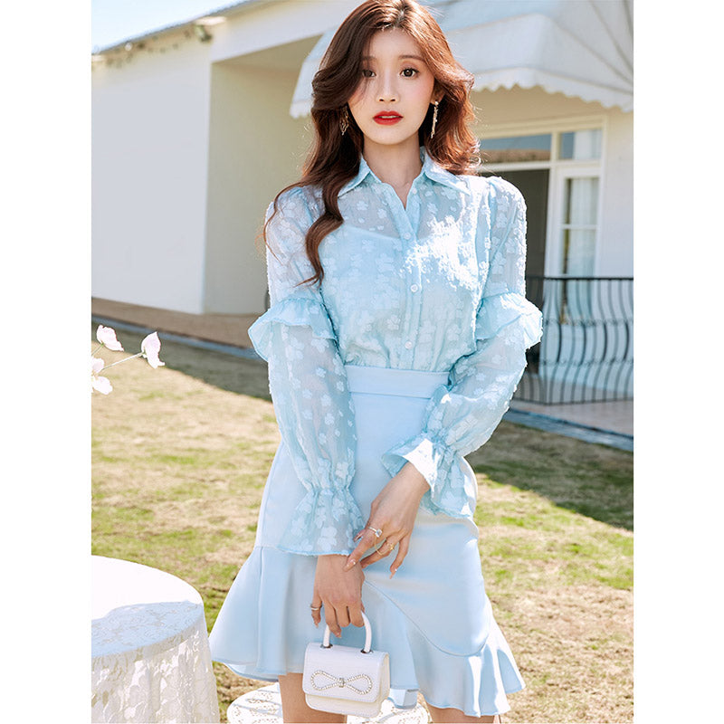 袖コンシャス花柄シアーシャツ×裾フリルミニスカート【上下別売り可】