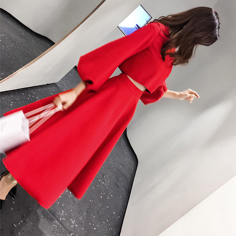 バルーンスリーブショートブラウス×フレアスカート