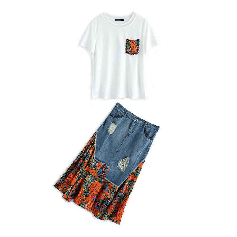 胸ポケット付きTシャツ×異素材ロングスカート(2colors)