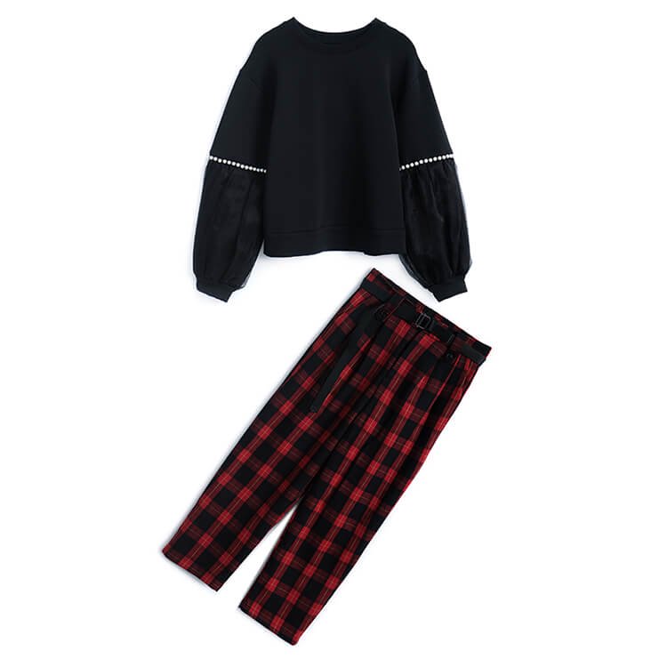 袖コンシャススウェットトップス×ベルト付きチェックパンツ【上下別売り可】