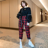 袖コンシャススウェットトップス×ベルト付きチェックパンツ【上下別売り可】