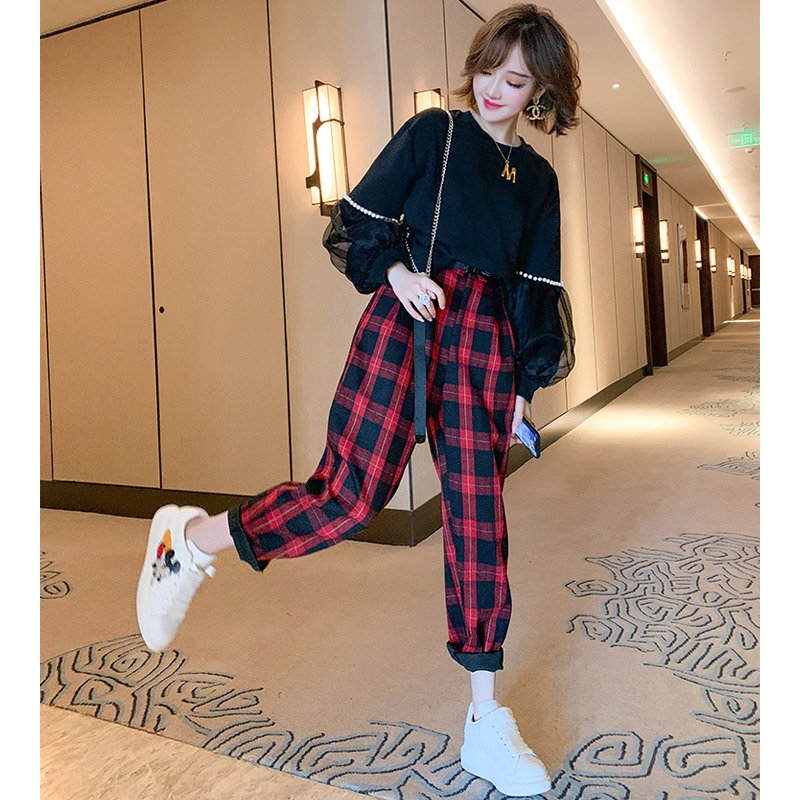 袖コンシャススウェットトップス×ベルト付きチェックパンツ【上下別売り可】