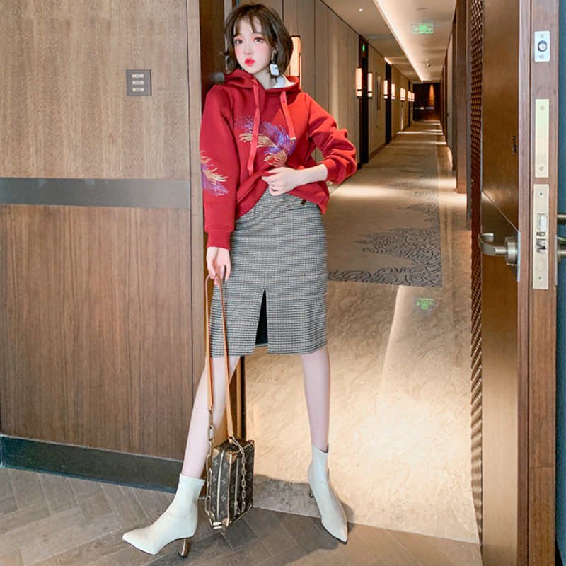 スタッズデザイン裏起毛フーディー×千鳥格子柄タイトスカート【上下別売り可】