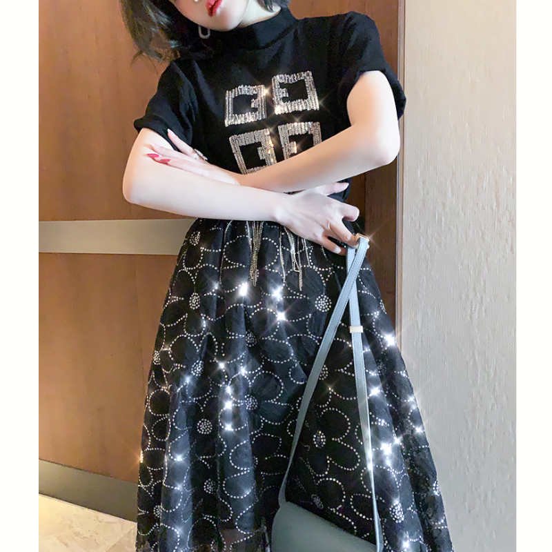 ビジューフリンジスタンドカラーTシャツ×スパンコール刺繍チュールスカート【上下別売り可】