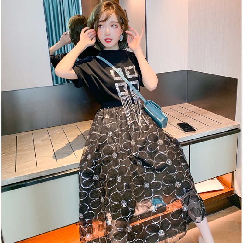 ビジューフリンジスタンドカラーTシャツ×スパンコール刺繍チュールスカート【上下別売り可】
