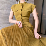 ベルト付きフレンチスリーブ風スタンドカラーシャツ×チュールプリーツスカート(2colors)