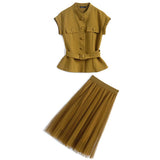 ベルト付きフレンチスリーブ風スタンドカラーシャツ×チュールプリーツスカート(2colors)