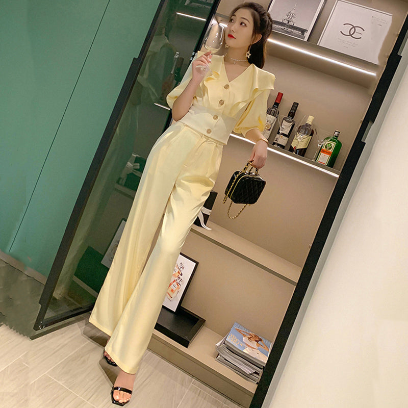ラッフルカラークロップドブラウス×タック入りワイドパンツ【上下別売り可】