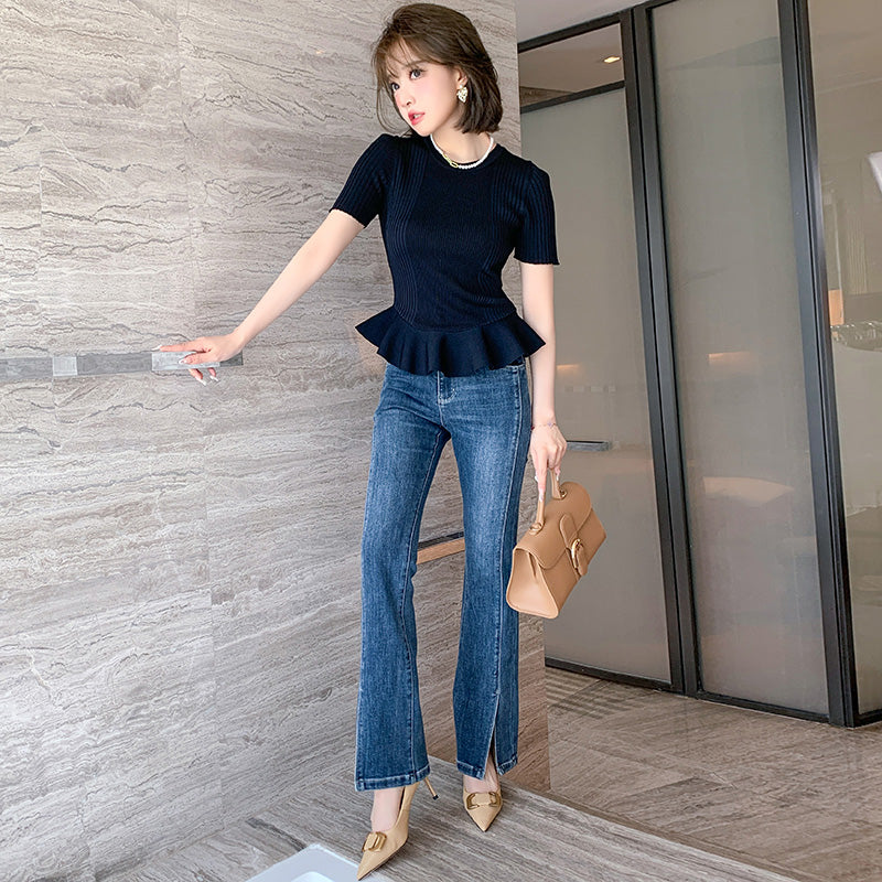 ペプラムニットトップス×チェーン付きストレートデニムパンツ【上下別売り可】