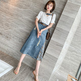 デニムベルト付き袖コンシャスTシャツ×異素材ペイズリーコンビデニムスカート