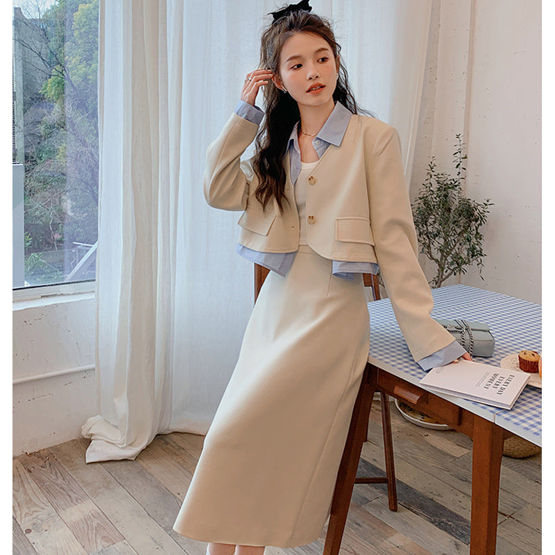 レイヤード風ショートジャケット×Aラインフレアスカート(2colors)