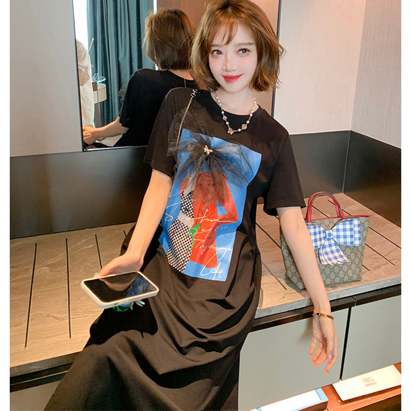 チェーン付きフロントプリントロングTシャツワンピース